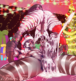 after_anal after_anal_penetration anal animal_genitalia animal_penis anthro anus balls bell big_balls big_penis black_balls black_penis bodily_fluids bright butt christmas_clothing christmas_headwear christmas_tree clothing cum cum_in_ass cum_inflation cum_inside cum_on_balls cum_on_penis cumshot duo ejaculation equine_genitalia equine_penis excessive_cum excessive_genital_fluids femboy gaping gaping_anus genital_fluids genitals gift hair hat headgear headwear holidays humanoid_genitalia humanoid_penis inflation jingle_bell legwear lights lips male male/male nipple_piercing nipple_ring nipples orgasm orgasm_face penis penis_size_difference piercing plant ring_piercing santa_hat shaved simple_background text tree kbiscuitcat christmas buda_(kiwa_flowcat) marble_(kiwa_flowcat) equid equine mammal zebra 2019 hi_res