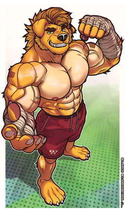 abs anthro bandage biceps bottomwear calf_muscles clothing deltoids fangs feet floppy_ears fur green_eyes male male/male muscular muscular_male nipples open_mouth pants pawpads paws solo teeth trapezius yellow_body yellow_fur cl.rudolph mythology garth_mentzel_monroe canid canine mammal mythological_canine mythological_creature werecanid werecanine werecreature werewolf absurd_res hi_res