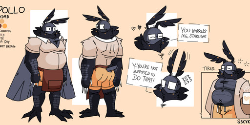 4_fingers 4_toes anisodactyl anthro apron back_wings barefoot biped black_body black_fur black_wings bottomwear brown_apron brown_clothing clothed clothed_anthro clothed_male clothing color_swatch container cup dialogue eyes_closed eyewear feet fingers folded_wings front_view fully_clothed fully_clothed_anthro fully_clothed_male fur glasses heart_symbol holding_container holding_cup holding_mug holding_object looking_back male mug navel neck_tuft orange_bottomwear orange_clothing orange_shorts pince-nez plantigrade rear_view rectangular_glasses robe shorts simple_background sleep_bubble slightly_chubby slightly_chubby_anthro slightly_chubby_male solo speech_bubble steam surprised sweatdrop_(iconography) tail tan_background tan_clothing tan_robe tan_shirt tan_topwear text tired toes topwear tuft wearing_glasses wings skykdotidot apollo_(skykdotidot) arthropod insect lepidopteran moth 2024 digital_drawing_(artwork) digital_media_(artwork) english_text full-length_portrait headshot_portrait hi_res model_sheet portrait three-quarter_portrait