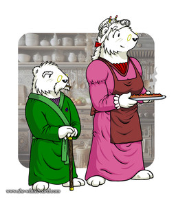 3_toes 4_fingers accessory anthro apron barefoot breasts cheek_tuft clothed clothed_anthro clothed_female clothed_male clothing detailed_background dress duo eyewear facial_hair facial_tuft feet female fingers food fully_clothed fully_clothed_anthro fully_clothed_female fully_clothed_male fur glasses hair hair_accessory hair_bun hair_ribbon holding_food holding_object husband_and_wife inside kitchen male married_couple mustache ribbons robe size_difference smile standing toes tuft walking_stick white_body white_fur doc_nickel the_whiteboard vladimir_nickelovich yelena_nickelovich bear mammal polar_bear ursine 2025