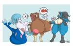 anthro areola belly big_breasts blue_body blue_eyes blue_fur blue_hair breasts brown_body brown_fur butt canid canine digital_media_(artwork) female fur generation_4_pokemon generation_7_pokemon group growth hair huge_breasts hyper hyper_breasts kari_(trcfan) lagomorph long_hair lopunny lucario mamalop_(trcfan) mammal maria_(trcfan) navel nintendo nipples nude pictographics pokemon pokemon_(species) primarina simple_background smile speech_bubble story story_in_description tail tail_motion tailwag thick_thighs trcfan trio wide_hips