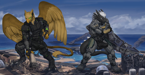4_toes 5_fingers abs anthro balls balls_outline beach beak biceps biped black_body boots brown_body building building_destruction bulge claws clothed clothing destruction detailed_bulge duo erection erection_under_clothing eyewear feathered_wings feathers feet finger_claws fingerless_gloves fingers footwear fur gear genital_outline genitals glasses gloves hair handwear house macro macro_anthro macro_male male military muscular muscular_anthro muscular_male outside paws pecs penile penis penis_outline purple_eyes rampage sea seaside ship shoes sky smile tail toe_claws toes vehicle vehicle_destruction warship water watercraft wearing_glasses white_body white_fur white_hair wings elkaart mythology carpo sig_(me-havoc) avian dragon gryphon mythological_avian mythological_creature mythological_scalie scalie hi_res