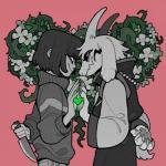 abstract_background ambiguous_gender anthro black_sclera claws clothed clothing duo flower fully_clothed fur grey_body grey_fur heart_symbol horn humanoid_hands jewelry knife necklace pawpads plant red_background side_view simple_background smile soul standing sweater topwear touching_hands vines juanmao1997 undertale undertale_(series) asriel_dreemurr_(god_form) chara_(undertale) boss_monster_(undertale) bovid caprine human mammal 1:1 green_theme hi_res monochrome