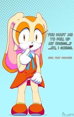accessory amber_eyes anthro clothed clothing clothing_lift collar collared_dress confusion constricted_pupils dipstick_ears dress dress_lift ear_markings ellipsis exclamation_point eye_markings eyelashes female flat_chested footwear genitals gesture gloves hand_gesture handwear innie_vulva innocence loli long_ears markings multicolored_ears necktie no_underwear oblivious open_mouth pattern_background pink_inner_ear pointing presenting presenting_vulva pupils question_mark rhyme shoes simple_background small_pupils socks solo talking_to_viewer tan_arms tan_ears tan_head tan_legs teeth text vulva white_clothing white_face white_gloves white_handwear white_sclera young young_anthro arusoran_(artist) sega sonic_the_hedgehog_(series) cream_the_rabbit lagomorph leporid mammal rabbit absurd_res cel_shading colored digital_drawing_(artwork) digital_media_(artwork) english_text hi_res shaded signature