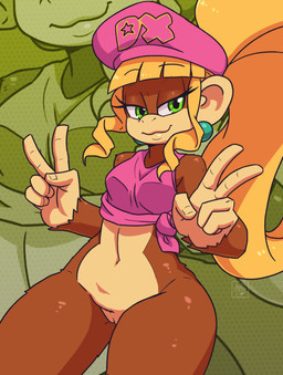 :3 alternative_fashion amekaji anthro bedroom_eyes beret blonde_hair bottomless brown_body brown_fur clothed clothing crop_top female fur ganguro_(fashion) genitals gesture green_eyes gyaru hair hand_gesture hat headgear headwear j-fashion looking_at_viewer narrowed_eyes penetration pink_clothing pink_hat pink_headwear ponytail seductive shirt smug solo topwear v_sign vulva wide_hips y2k_(fashion) deathzera donkey_kong_(series) nintendo dixie_kong haplorhine mammal monkey primate 2022 digital_media_(artwork) hi_res