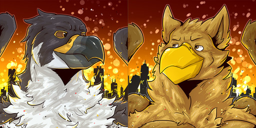 anthro beak biped brown_body brown_eyes city city_background city_destruction cityscape destruction duo macro macro_anthro macro_male male muscular muscular_anthro muscular_male smile white_body sixsydes mythology carpo corvidius_(character) avian bird falcon falconid gryphon mythological_avian mythological_creature 2:1 headshot_portrait portrait