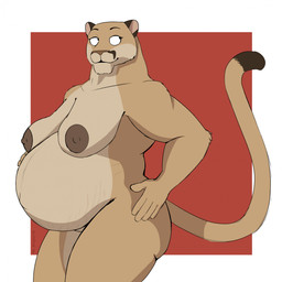 anthro areola big_breasts breasts brown_areola brown_nipples butt countershade_torso countershading eyebrows female female_anthro fur hand_on_hip nipples no_irises nude nude_anthro nude_female pregnant pregnant_anthro pregnant_female raised_eyebrows side_view simple_background smile solo standing stretch_marks tail tan_body tan_fur thick_thighs scribefang ch'um_nich_(scribefang) cougar felid feline mammal 1:1 2026 cel_shading digital_drawing_(artwork) digital_media_(artwork) hi_res shaded
