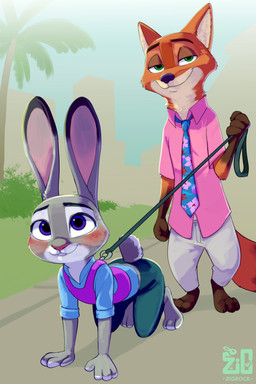 all_fours anthro bdsm biped dominant dominant_male duo female female_anthro harness holding_leash holding_object leash leashed_harness looking_at_viewer male male/female male_anthro outside petplay public roleplay simple_background smile smirk smug submissive submissive_female zigrock001 disney zootopia judy_hopps nick_wilde canid canine european_rabbit fox lagomorph leporid mammal oryctolagus rabbit red_fox true_fox absurd_res hi_res