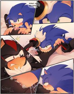animal_genitalia animal_penis anthro black_body blue_body blush bodily_fluids clenched_teeth clothing comic_panel counting_on_fingers duo erection fellatio genitals gloves green_eyes hand_on_head handwear heart_symbol hybrid_genitalia hybrid_penis male male/male male_penetrated male_penetrating male_penetrating_male open_mouth oral penetration penile penile_spines penis penis_in_mouth red_body saliva saliva_on_penis saliva_on_tongue saliva_string sex speech_bubble teeth text tongue tongue_out tongue_out_fellatio black_jest sega sonic_the_hedgehog_(series) shadow_the_hedgehog sonic_the_hedgehog eulipotyphlan hedgehog mammal 2026 comic digital_drawing_(artwork) digital_media_(artwork) english_text hi_res