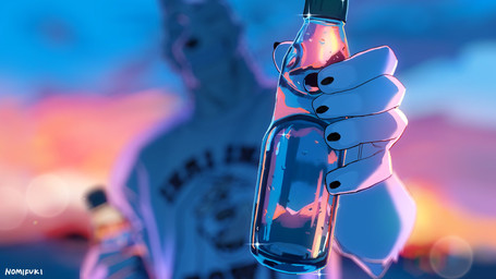 5_fingers anthro beverage_bottle blurred_background bottle clothed clothing container fingers fur glass_bottle looking_at_viewer male outside smile smiling_at_viewer soda_bottle solo sparkles sunset white_body white_fur nomifuki ramune canid canine mammal 16:9 colored colorful_theme digital_drawing_(artwork) digital_media_(artwork) hi_res shaded widescreen
