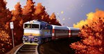 ambiguous_gender autumn falling_leaves feral inside_train male railway_track sign train vehicle 28gooddays hasbro my_little_pony fan_character earth_pony equid equine horse mammal pony hi_res orange_theme