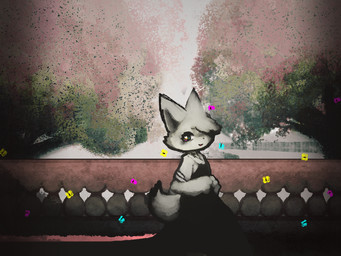 3_fingers anthro bangs black_clothing black_inner_ear black_nose bridge choker clothing female fingers fluffy fluffy_tail fur hair heart_eyes heart_symbol jewelry kemono light looking_at_viewer multicolored_eyes necklace one_eye_obstructed plant pupils red_tongue solo stage sunlight tail tongue tree white_body white_clothing white_ears white_fur white_hair white_pupils hasukii hazuki_mikami_(hasukii) arthropod butterfly canid canine insect lepidopteran mammal 4:3