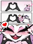 anthro clothing daww dress duo eyeshadow feathers female happy heart_symbol makeup pink_eyes running surprise white_body white_feathers xszwhr helluva_boss snoot_challenge stella_(helluva_boss) avian bird owl owl_demon 3:4 meme sequence