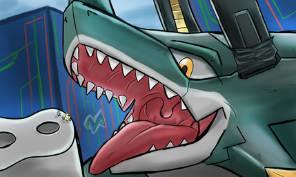 anthro city cityscape extreme_size_difference female feral fur green_body group macro male mouth_shot open_mouth sharp_teeth size_difference teeth trio uvula yellow_body yellow_fur vondel bandai_namco digimon digimon_ghost_game angoramon digimon_(species) scalie teslajellymon wezengammamon hi_res