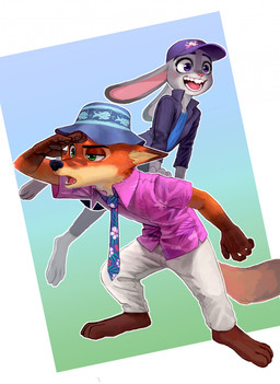 3_toes 4_fingers anthro baseball_bat bat_(object) biped black_nose bottomwear clothed clothed_anthro clothed_female clothed_male clothing countershade_face countershading dipstick_ears duo ear_markings eyebrows eyelashes feet female fingers fully_clothed fully_clothed_anthro fully_clothed_female fully_clothed_male fur gloves_(marking) grey_body happy hat headgear headwear jacket male markings multicolored_ears necktie non-furgonomic non-furgonomic_headwear open_mouth open_smile pants pattern_clothing pattern_hat pattern_headgear pattern_headwear philtrum pink_nose plantigrade shirt simple_background smile standing tail teeth toes tongue topwear nyeong disney zootopia judy_hopps nick_wilde canid canine european_rabbit fox lagomorph leporid mammal oryctolagus rabbit red_fox true_fox digital_media_(artwork) hi_res