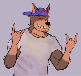 anthro backwards_baseball_cap backwards_hat baseball_cap black_body black_fur body_hair brown_body brown_fur clothing devil_horns_(gesture) eyes_closed facial_hair fangs fur gesture hand_gesture hat headgear headwear male muscular muscular_anthro muscular_male shirt smile solo t-shirt teeth topwear limi_berry home_zomewhere_else chad_harman canid canine canis dobermann domestic_dog hybrid mammal mastiff molosser pinscher rottweiler