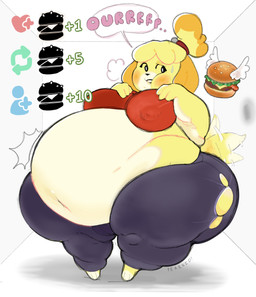 anthro belly big_belly biped blush blush_lines bottomwear breasts burger burping clothed clothed_anthro clothed_female clothing fat_face female female_anthro food huge_belly looking_at_viewer morbidly_obese morbidly_obese_anthro morbidly_obese_female motion_lines nipple_outline obese obese_anthro obese_female overweight overweight_anthro overweight_female pants shirt solo standing sweatpants tail tail_motion tailwag tank_top three-quarter_view topwear torn_clothing weight_gain weight_gain_drive yellow_body pearkidart animal_crossing nintendo isabelle_(animal_crossing) canid canine canis domestic_dog mammal shih_tzu toy_dog 2024 absurd_res digital_drawing_(artwork) digital_media_(artwork) hi_res shaded signature