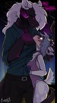 anthro blue_eyes blush bottomwear choker clothed clothing dress dress_shirt duo ear_piercing ear_tag female fully_clothed hair horn jewelry larger_male looking_down_at_partner looking_up_at_partner male male/female meteor_shower necklace necktie night pants piercing purple_eyes purple_horn shirt size_difference sky smaller_female topwear white_hair psychorodent kor-1 obsidian_(lotusgoatess) deer demon mammal reptile scalie hi_res