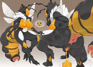 4_arms antennae_(anatomy) anthro anus aroused_face arthropod_abdomen arthropod_abdomen_genitalia asking_viewer big_breasts bodily_fluids breasts butt female female_anthro front_view genital_fluids genitals looking_at_viewer looking_back looking_back_at_viewer mature_anthro mature_female multi_arm multi_limb nude presenting presenting_anus presenting_vulva question_mark rear_view skindentation solo text thick_thighs vulva wings fuli_jeffery arthropod bee hymenopteran insect 2026 absurd_res artist_name colored detailed digital_drawing_(artwork) digital_media_(artwork) full-length_portrait hi_res portrait shaded signature