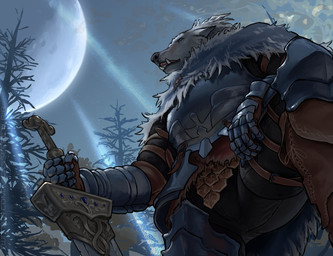 5_fingers anthro armor biped boots bottomwear breastplate buckle bulge clothing cuisse detailed_background fangs fingers footwear fur gauntlets gloves grey_body grey_fur hand_on_leg handwear holding_melee_weapon holding_object holding_sword holding_weapon legwear light looking_forward low-angle_view male male_anthro melee_weapon moon moonlight night open_mouth outside pants pink_eyes plant poleyn shirt shoes solo standing straps sword teeth text topwear tree weapon mickey_the_retriever elden_ring fromsoftware blaidd_(elden_ring) canid canine canis mammal wolf 2022 digital_media_(artwork) hi_res url