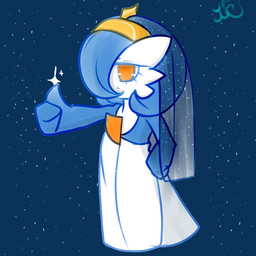:< blue_hair chibi crown female gesture hair hair_over_eye hand_gesture hand_on_hip headgear not_furry one_eye_obstructed orange_eyes pose solo thumbs_up tiara veil renv nintendo pokemon saeko_(renv) gardevoir generation_3_pokemon humanoid pokemon_(species) shiny_pokemon 1:1 2023 absurd_res hi_res reaction_image signature