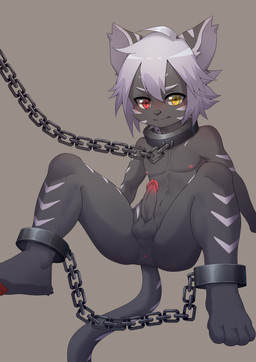 4_toes ankle_cuffs anthro anus balls bdsm blush bondage bound butt chain chain_leash chained circumcised collar collar_only cuff_(restraint) erection feet fur genitals grey_body grey_fur hair heterochromia humanoid_genitalia humanoid_penis leash looking_at_viewer male navel nipples nude pawpads penis red_eyes restraints shackles shota simple_background sitting solo striped_body striped_fur stripes toes white_hair yellow_eyes young young_anthro toye2004 domestic_cat felid feline felis mammal absurd_res digital_media_(artwork) hi_res