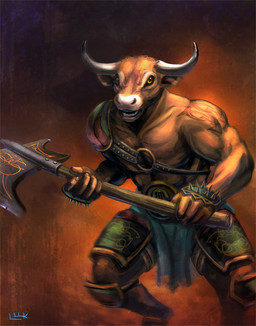 abs anthro armor axe biceps biped bottomwear brown_body brown_fur clothed clothing fur horn loincloth male melee_weapon muscular muscular_anthro muscular_male pecs pose solo standing tattoo topless weapon yellow_eyes pigeonkill european_mythology greek_mythology mythology bovid bovine mammal minotaur
