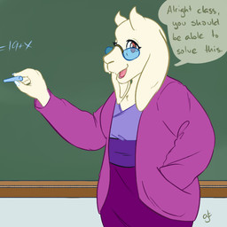 anthro blue_clothing blue_shirt blue_topwear bottomwear chalk chalkboard classroom clothed clothing dialogue eyewear fully_clothed fur glasses hand_in_pocket holding_object information_board inside jacket looking_at_viewer math open_mouth pants pink_clothing pink_jacket pink_topwear pockets purple_bottomwear purple_clothing purple_pants red_eyes school shirt smile solo speech_bubble teacher text topwear white_body white_fur goattrain undertale undertale_(series) toriel boss_monster_(undertale) bovid caprine mammal 1:1 2015 english_text