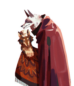 alternative_fashion anthro brown_body clothing duo eyes_closed facial_markings fur hat head_markings headgear headwear intraspecies looking_at_viewer male markings mask_(marking) nightcap poncho red_clothing simple_background standing white_background white_body white_fur sanppa_popo dreamworks puss_in_boots_(franchise) big_bad_wolf_(shrek) death_(puss_in_boots) canid canine canis mammal wolf