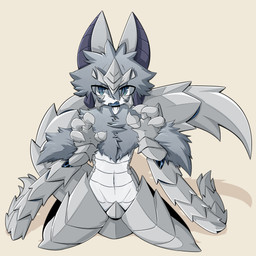 2_horns 4_fingers anthro big_tail black_horn blue_eyes eye_through_hair eyebrow_through_hair eyebrows facial_tuft fingers front_view fur grey_body grey_ears grey_fur grey_tail hair horn kneeling looking_at_viewer male navel open_mouth scales simple_background solo tail translucent translucent_hair tuft white_body gaogomon capcom european_mythology monster_hunter mythology arkveld dragon flying_wyvern hybrid mammal mythological_creature mythological_scalie scalie western_dragon wyvern 1:1 absurd_res hi_res