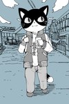 5_fingers anthro backpack bottomwear clothing cloud fingers happy holding_object male outside pants sky solo tail text urban otamin working_buddies! rufuta_hachitani domestic_cat felid feline felis mammal tuxedo_cat 2018 2:3 hi_res japanese_description japanese_text translated