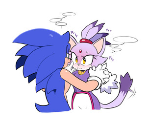 anthro black_nose blue_body blue_fur blush bodily_fluids clothed clothed_anthro clothed_female clothing duo female flirting flushed_face fully_clothed fully_clothed_anthro fully_clothed_female fur gloves green_eyes hand_holding handwear male multicolored_body multicolored_fur pink_inner_ear purple_body purple_fur purring quills_(anatomy) sonaze speech_bubble sweat sweatdrop tail tail_motion tailwag tan_arms tan_body yellow_eyes quavernsfw sega sonic_the_hedgehog_(series) blaze_the_cat sonic_the_hedgehog domestic_cat eulipotyphlan felid feline felis hedgehog mammal hi_res