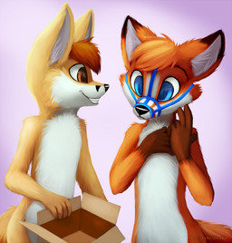 anthro blue_eyes duo fur hair male muzzle_(object) muzzled simple_background smile standing teeth jamesfoxbr canid canine fox mammal 2013 digital_media_(artwork) shaded