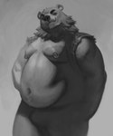 anthro belly big_belly body_hair closed_smile clothed clothing eyebrows featureless_crotch fur grey_background happy_trail jacket looking_at_viewer male moobs mostly_nude mouth_closed musclegut muscular muscular_anthro muscular_male navel nipple_piercing nipples open_clothing open_jacket open_topwear overweight overweight_anthro overweight_male piercing plaid_jacket ruff simple_background smile snout solo standing thick_thighs three-quarter_view topwear chubby-shark oscar_(sloth) bear mammal 2023 digital_media_(artwork) digital_painting_(artwork) greyscale monochrome portrait shaded soft_shading three-quarter_portrait