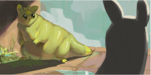 ambiguous_gender black_eyes duo feral glistening glistening_body grass green_body looking_at_another overweight overweight_ambiguous overweight_feral plant shadow sky citrusslugcat rain_world videocult slugcat shaded