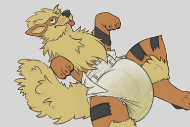 3_fingers 3_toes ambiguous_gender arms_bent bent_legs black_body black_fur black_nose black_stripes blush blush_lines bodily_fluids claws clothed clothing cute_fangs diaper diaper_only fangs feet feral fingers fur genital_fluids grey_background looking_up lying multicolored_body multicolored_fur on_back one_eye_obstructed orange_body orange_fur simple_background solo stripes tail teeth toes tongue tongue_out topless unclean_diaper urine used_diaper wearing_diaper wet_diaper white_diaper yellow_body yellow_fur yellow_inner_ear yellow_tail scripin nintendo pokemon arcanine generation_1_pokemon pokemon_(species) 2025 3:2 hi_res