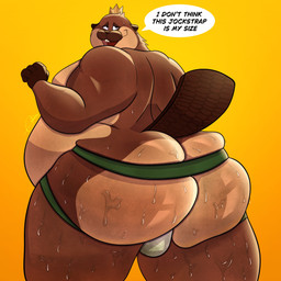 anthro belly big_belly big_butt bodily_fluids bulge butt clothing crown dialogue headgear jockstrap king male morbidly_obese obese open_mouth overweight overweight_male royalty simple_background solo standing sweat sweaty_butt sweaty_legs sweaty_thighs text thick_thighs underwear columbusnimbus disney hoppers_(disney) pixar king_george_(hoppers) beaver mammal rodent 1:1 2026 absurd_res english_text hi_res