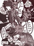 2020 3:4 anthro beastars black_nose canid canine canis cervine christmas christmas_clothing clothed clothing comic countershade_face countershading deer dialogue dress duo english_text female fur fur_trim_(clothing) gift greyscale hand_under_chin hi_res holidays interspecies juno_(beastars) looking_at_another louis_(beastars) male male/female mammal monochrome nervous nuzzling predator/prey red_deer romantic romantic_couple santa_dress sigh sitting smile speech_bubble sweater teeth text topwear trickfoottails wolf