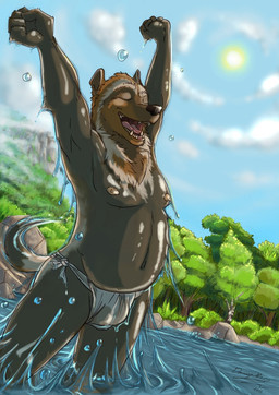 anthro balls balls_outline bathing belly biped brown_body bulge clothed clothing creek detailed_bulge eyes_closed genital_outline genitals happy male male_anthro musclegut muscular nature navel nipples open_mouth open_smile outside smile solo splashing_water sun tail tail_motion translucent translucent_clothing translucent_underwear underwear underwear_only water water_droplets white_clothing white_underwear danogambler gulonine mammal mustelid musteline wolverine 2015
