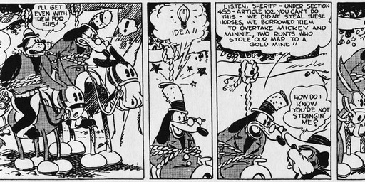 anthro bottomwear bowler_hat clothed clothing cowboy dialogue eyewear feral fingers gesture glasses gloves group gun hand_gesture handgun handwear hat headgear headwear horseback_riding imminent_hanging light_bulb male noose open_mouth outside plant pointing pointing_at_another quadruped ranged_weapon text tongue top_hat tree weapon floyd_gottfredson roy_nelson disney public_domain pegleg_pete pete_(disney) sylvester_shyster asinus bulldog canid canine canis domestic_cat domestic_dog donkey equid equine felid feline felis horse mammal mastiff molosser 1930 20th_century absurd_res ancient_art black_and_white comic dated english_text hi_res long_image monochrome wide_image