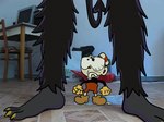 3_toes black_body black_fur bodily_fluids cursed_image duo feet frown fur humor imminent_anal larger_male male parody screencap size_difference smaller_male spade_tail standing sweat tail toes worried mahmapuu 1man1jar cuphead_(game) cuphead_(character) the_devil_(cuphead) animate_inanimate demon humanoid 2022 hi_res meme