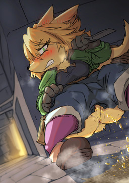 accident anthro anus blonde_hair blush bodily_fluids clothed clothing embarrassed female genital_fluids green_eyes hair knife melee_weapon peeing solo tail text thief urine vaginal weapon wetting mttbsmn rua_the_thief_(mttbsmn) mammal mouse murid murine rodent absurd_res english_text hi_res