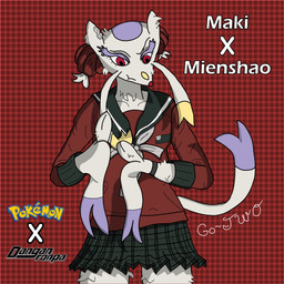 anthro bottomwear clothing female red_eyes red_nose school_uniform scrunchie skirt solo tail uniform go-two danganronpa danganronpa_v3 nintendo pokemon spike_chunsoft maki_harukawa generation_5_pokemon mienshao pokemon_(species) absurd_res hi_res