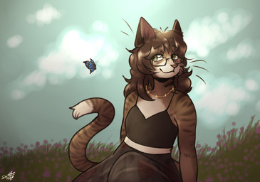 ambiguous_gender anthro clothed clothing crossdressing duo femboy looking_at_another male male_anthro outside fuzzikia arthropod butterfly domestic_cat felid feline felis insect lepidopteran mammal tabby_cat