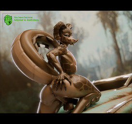 anthro backsack balls bedroom_eyes big_butt big_tail black_border border brown_body butt car femboy genitals horn male narrowed_eyes nude outside perineum scales seductive small_waist solo spread_butt spreading tail teasing vehicle king_crook da.nilkaz_(modeler) fallout microsoft femboyclaw_(da.nilkaz) deathclaw scalie 3d_(artwork) digital_media_(artwork) hi_res