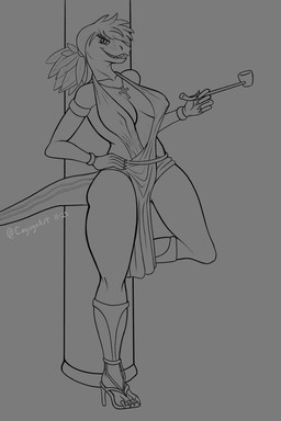 anthro armband big_breasts bracelet breasts clothing cross eyelashes feather_hair feathers female footwear hair hand_on_hip high_heeled_sandals high_heels holding_object inner_boob jewelry leaning leaning_on_object looking_at_viewer necklace nipple_outline ponytail pseudo_hair raised_leg sandals shoes smile smoking_pipe solo standing tail cayugo dinosaur dromaeosaurid prehistoric_species reptile saurischian scalie theropod velociraptor 2025 2:3 absurd_res digital_drawing_(artwork) digital_media_(artwork) full-length_portrait hi_res line_art portrait signature