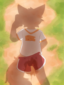 anthro bodily_fluids bottomwear clothing genital_fluids implied_nudity male public public_nudity red_bottomwear red_clothing red_shorts selfie shorts silhouette solo topwear urine urine_on_ground urine_pool white_clothing white_topwear young bluchyccheese dressed_shadow bluchy hi_res