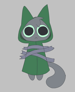 :< cloak clothed clothing green_clothing grey_background grey_body looking_at_viewer male silly simple_background solo tail tape taped_to_wall toony gooblie_2 isaac_(gooblie_ii) domestic_cat felid feline felis mammal hi_res