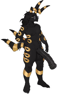animal_genitalia animal_penis antennae_(anatomy) anthro anthrofied balls big_balls big_penis black_body black_fur black_hair claws equine_genitalia equine_penis eyewear finger_claws fluffy fur fur_markings genitals glasses golden_markings hair hand_on_hip huge_penis male markings navel nipples penis resting_bitch_face round_glasses solo standing toe_claws tsuyu_fang nintendo pokemon khorchi_(vulkein) generation_5_pokemon pokemon_(species) scolipede absurd_res hi_res