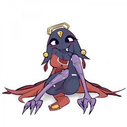 anthro avian_feet big_breasts black_eyes black_nose blue_body blue_fur blush bodily_fluids bottomless breasts cleavage clothed clothing ear_piercing eyelashes eyeshadow female floppy_ears forehead_gem front_view fur gem genitals halo long_sleeves looking_at_viewer lop_ears makeup piercing prosthetic prosthetic_leg prosthetic_limb red_clothing red_eyeshadow red_topwear simple_background sitting solo sweat sweatdrop thick_thighs topwear vulva white_background wide_hips sanspapirusppap nine_sols red_candle_games goumang_(nine_sols) felid feline mammal solarian 1:1 hi_res